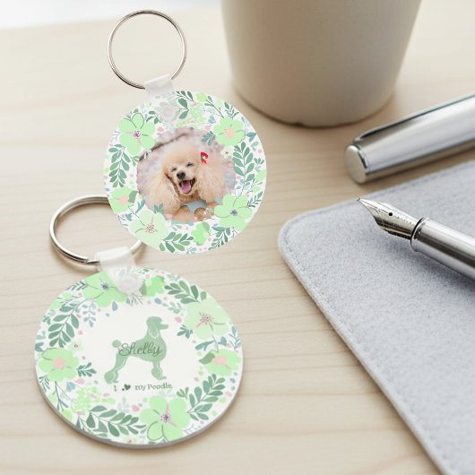 Custom Poodle Photo with Mint Green Floral Wreath Sleutelhanger