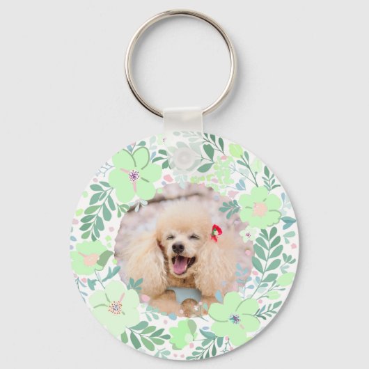 Custom Poodle Photo with Mint Green Floral Wreath Sleutelhanger (Achterkant)