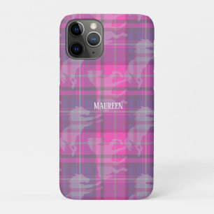 Custom preppy roze paarse paard tartan hart iPhone 11 pro hoesje