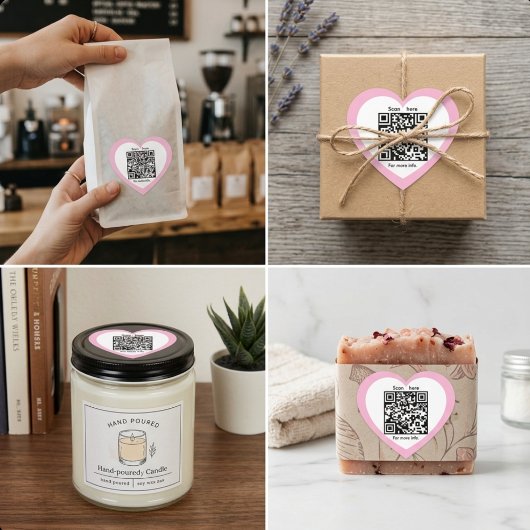 Custom QR Code Pink Heart Shaped Sticker