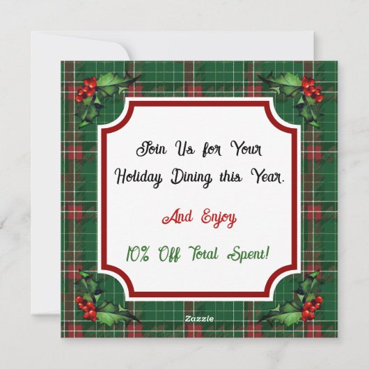 Custom QR Code Restaurant Christmas Green Plaid Feestdagenkaart (Achterkant)