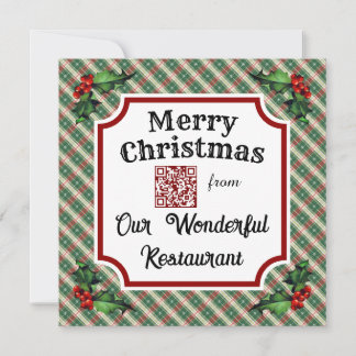 Custom QR Code Restaurant Christmas Plaid Feestdagenkaart
