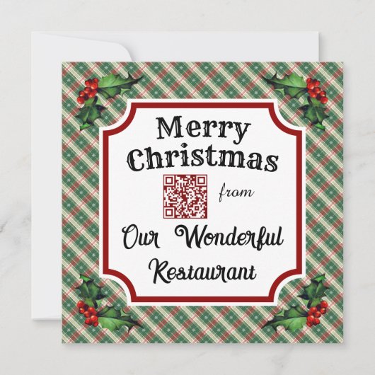 Custom QR Code Restaurant Christmas Plaid Feestdagenkaart (Voorkant)