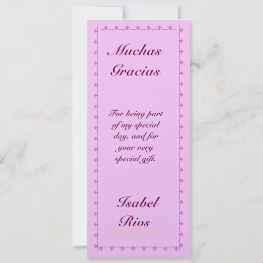 CUSTOM Quinceanera Dank u wel roze rozen Kaart (Achterkant)