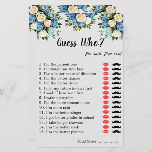 Custom "Raad eens wie?" Game Sheet voor koppels (Voorkant / Achterkant)