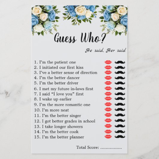 Custom "Raad eens wie?" Game Sheet voor koppels (Voorkant)