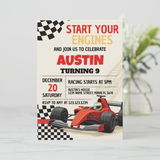 Custom Racing Party Uitnodiging voor kinderen (Staand voorkant)