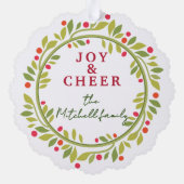 Custom Red Berries Green Leaves Wreath Ornament Kaart (Achterkant)