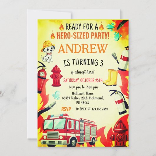 Custom Red Fire Truck Birthday Party Invitations (Devant)