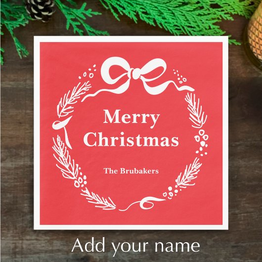 Custom Red Modern Hand Drawn Bow Merry Christmas Servet
