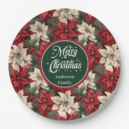 Custom Red Poinsettia Chic Christmas Paper Plates Papieren Bordje (Voorkant)