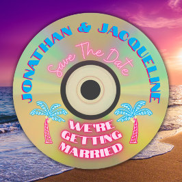 Custom Retro 80s Tropical Neon CD Save The Date Kaart