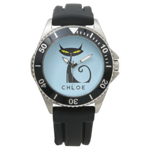 Custom Retro Mid Century Modern Atomic Black Cat Horloge