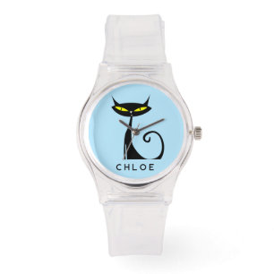 Custom Retro Mid Century Modern Atomic Black Cat Horloge