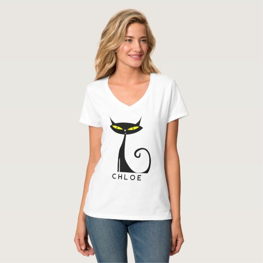Custom Retro Mid Century Modern Atomic Black Cat T-shirt (Voorkant volledig)
