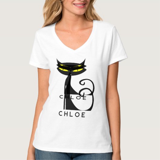 Custom Retro Mid Century Modern Atomic Black Cat T-shirt (Voorkant)