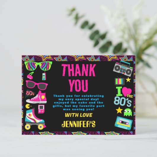 Custom Retro Neon 80's Verjaardagsfeest Bedankkaart (Staand voorkant)