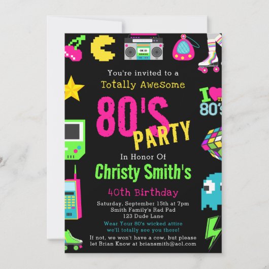 Custom Retro Neon 80's Verjaardagsfeest Kaart (Voorkant)