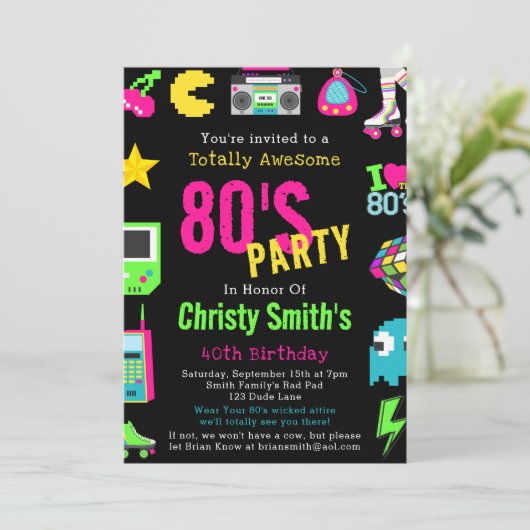 Custom Retro Neon 80's Verjaardagsfeest Kaart (Staand voorkant)