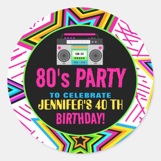 Custom Retro Neon 80's Verjaardagsfeest Ronde Sticker (Voorkant)