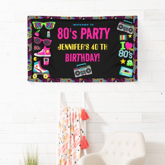 Custom Retro Neon 80's Verjaardagsfeest Spandoek (Insitu)