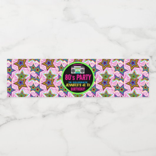 Custom Retro Neon 80's Verjaardagsfeest Waterfles Etiket (Enkel label)