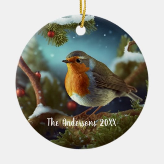 Custom robin over een besneeuwde boom keramisch ornament (Voorkant)