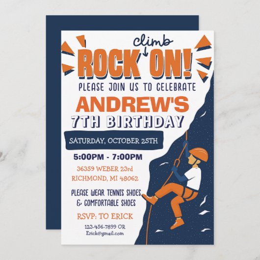 Custom Rock Climbing Birthday Party Invitation (Devant / Derrière)