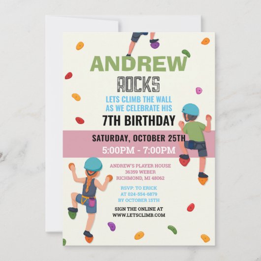 Custom Rock Climbing Birthday Party Invitation (Devant)