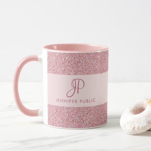 Custom Roos Gold Glitter Look Sjabloon Monogram Mok (Met donut)