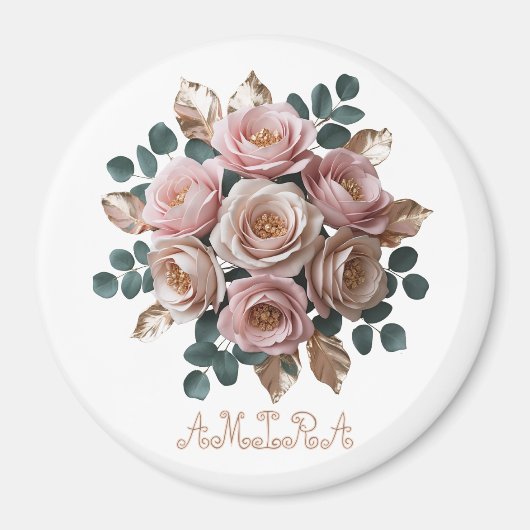 Custom Rose Gold Floral Monogram Round Magnet (Devant)