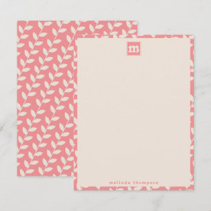 Custom Roze 70s Retro Leaf Patroon Monogram Notitiekaartje