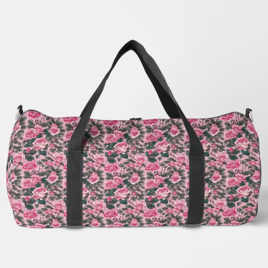 Custom Roze Bloemen Rozen Monogram Grote Duffel Ba Plunjezak (Voorkant)