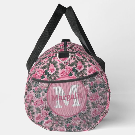 Custom Roze Bloemen Rozen Monogram Grote Duffel Ba Plunjezak (Rechts)
