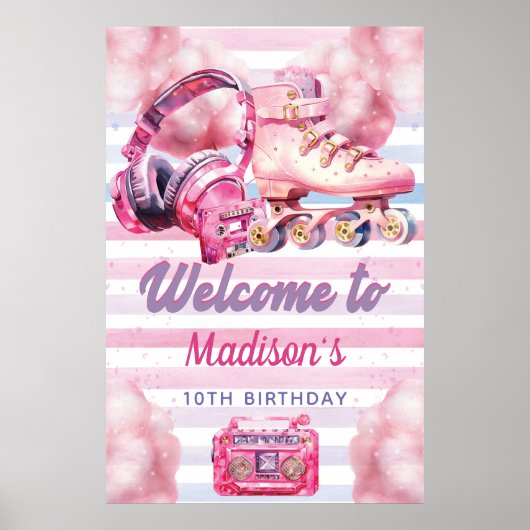 Custom Roze Waterverf Roller Blade Verjaardag Poster (Voorkant)