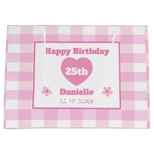 Custom Roze Wit Geruit Happy 25th Verjaardag Groot Cadeauzakje (Voorkant)