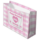 Custom Roze Wit Geruit Happy 25th Verjaardag Groot Cadeauzakje (Voorkant Gekanteld)