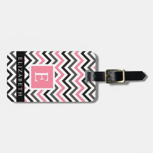Custom Roze Wit Zwart Grijs Chevron Patroon Bagagelabel (Voorkant horizontaal)