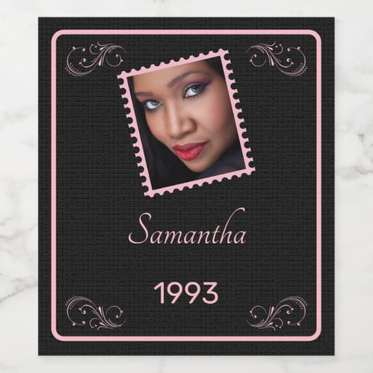 Custom Roze Zwart Foto Verjaardag Wijn Label Wijn Etiket (Enkel label)