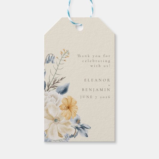 Custom rustieke blauw geel bloemen bruiloft dank u cadeaulabel (Voorkant)