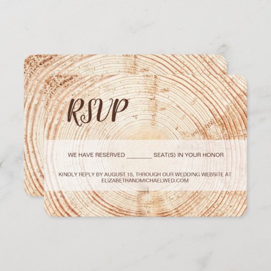 Custom Rustieke houtnerf script bruiloft RSVP (Voorkant / Achterkant)