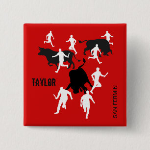 Custom, San Fermin Pamplona, bull run / encierro, Vierkante Button 5,1 Cm