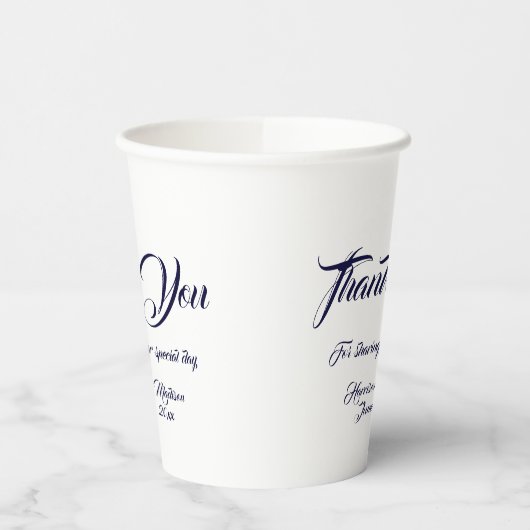 Custom script navy blauw wit dank u bruiloft papieren bekers (Links)