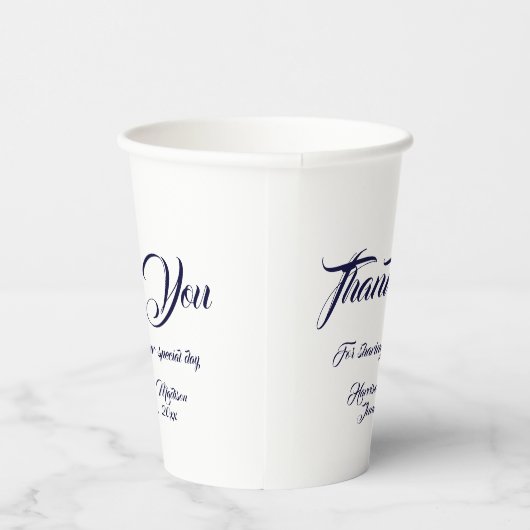 Custom script navy blauw wit dank u bruiloft papieren bekers (Rechts)