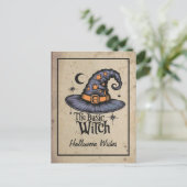 Custom Script  Zwart Sinaasappel Halloween Witch Briefkaart (Staand voorkant)