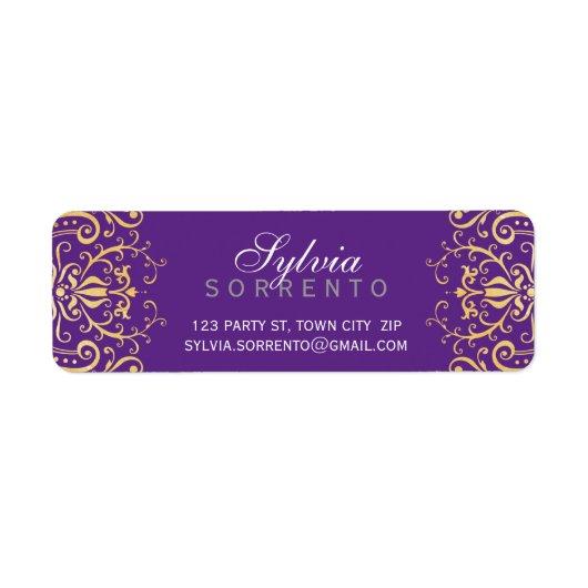 CUSTOM sierlijk filigraan damast paarse goud Etiket (Voorkant)