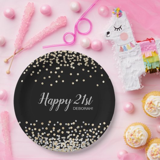 Custom Silver Gold Confetti 21st Birthday Party Papieren Bordje (Feest)