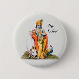 Custom Simple Lord Krishna met de koe- en vogelkno Ronde Button 5,7 Cm