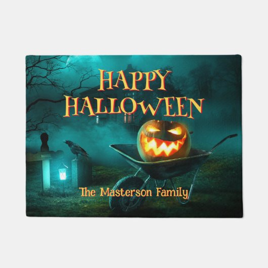 Custom Spooky Pompoen Graveyard Happy Halloween Deurmat (Voorkant)