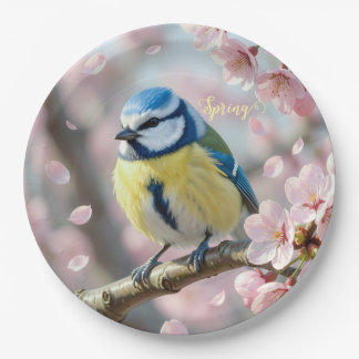 Custom Spring Party Blue Tit Bird on Cherry Tree Papieren Bordje